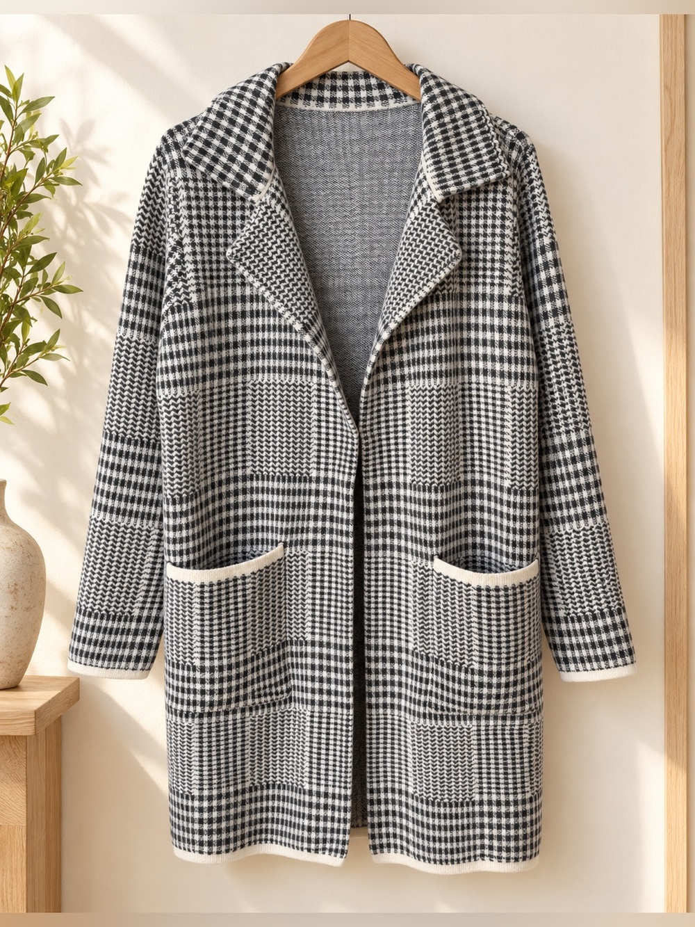 Ophelia Roe Womens L Plaid Houndstooth Long Cardigan Sweater Coat Pockets NWOT